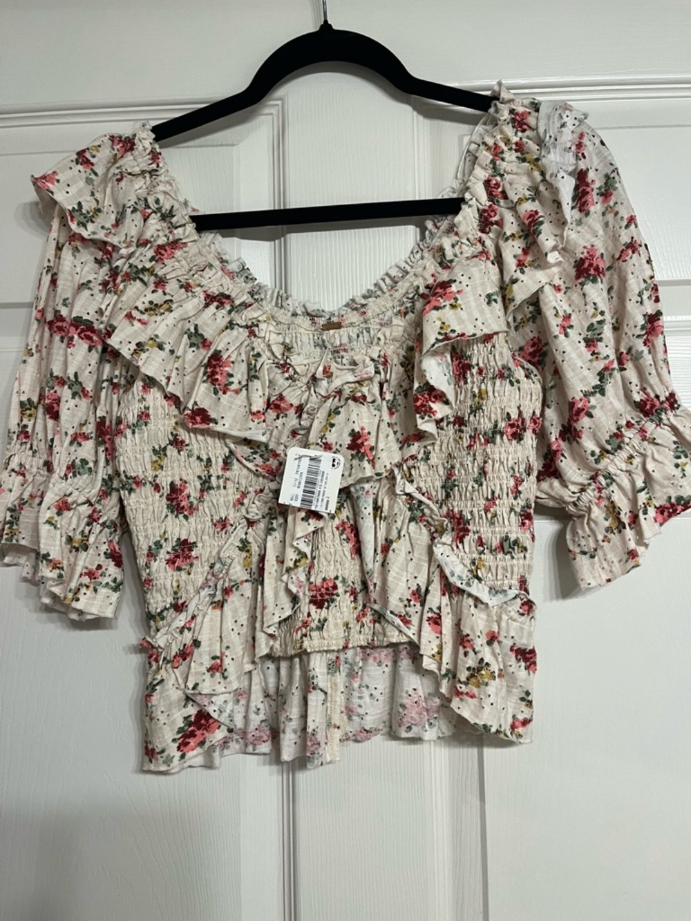 NWT Free People Cream Floral Ruffle Smocked Blouse